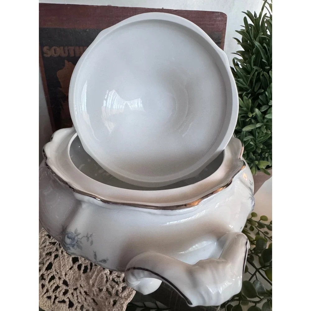 Vintage White Porcelain Soup Tureen Blue Floral Gold Trim Scalloped Lid 11in